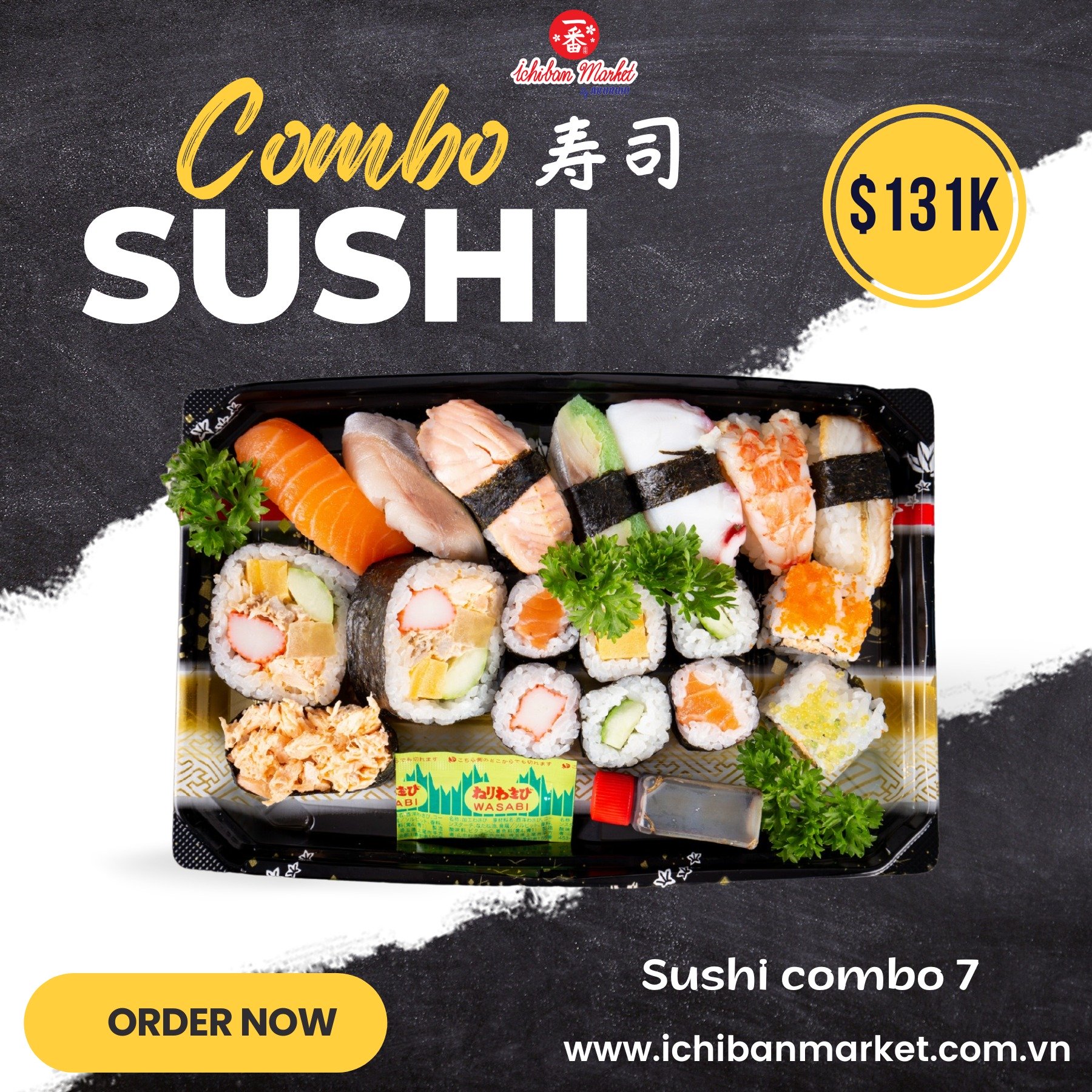 Hình ảnh một combo sushi với nhiều loại khác nhau được bày trí đẹp mắt trên đĩa