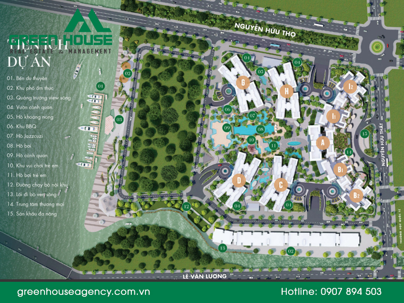 Mặt bằng tổng thể dự án bất động sản cao cấp thể hiện vị trí tiện ích và các khu chức năng khác