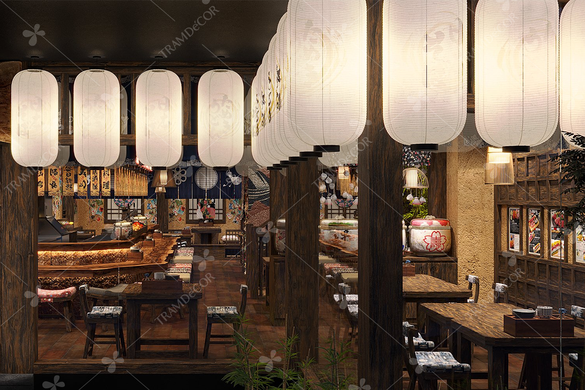 Không gian quầy sushi truyền thống Nhật Bản nơi các đầu bếp chế biến tỉ mỉ từng miếng sushi