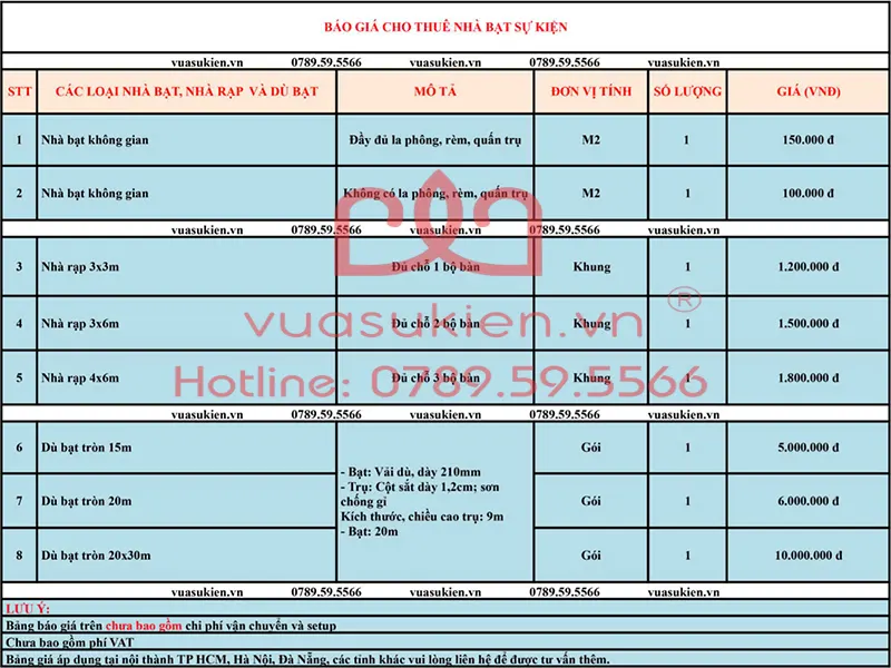 Bảng giá tham khảo dịch vụ cho thuê nhà bạt sự kiện thể hiện sự khác biệt về giá theo kích thước và loại nhà bạt