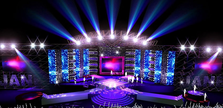 Sân khấu ngoài trời với ánh sáng chuyên nghiệp tạo điểm nhấn cho sự kiện