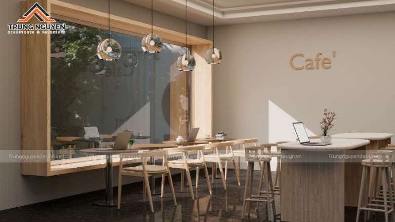 Quán trà với thiết kế tối giản sử dụng bàn ghế gỗ và tận dụng tối đa ánh sáng tự nhiên