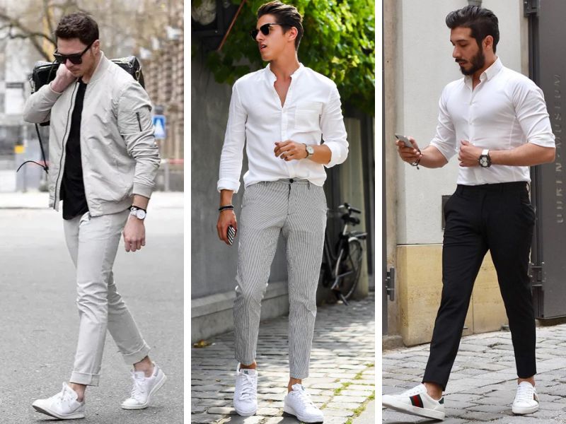 Outfit nam tối giản với áo sơ mi trắng quần tây và giày sneaker trắng