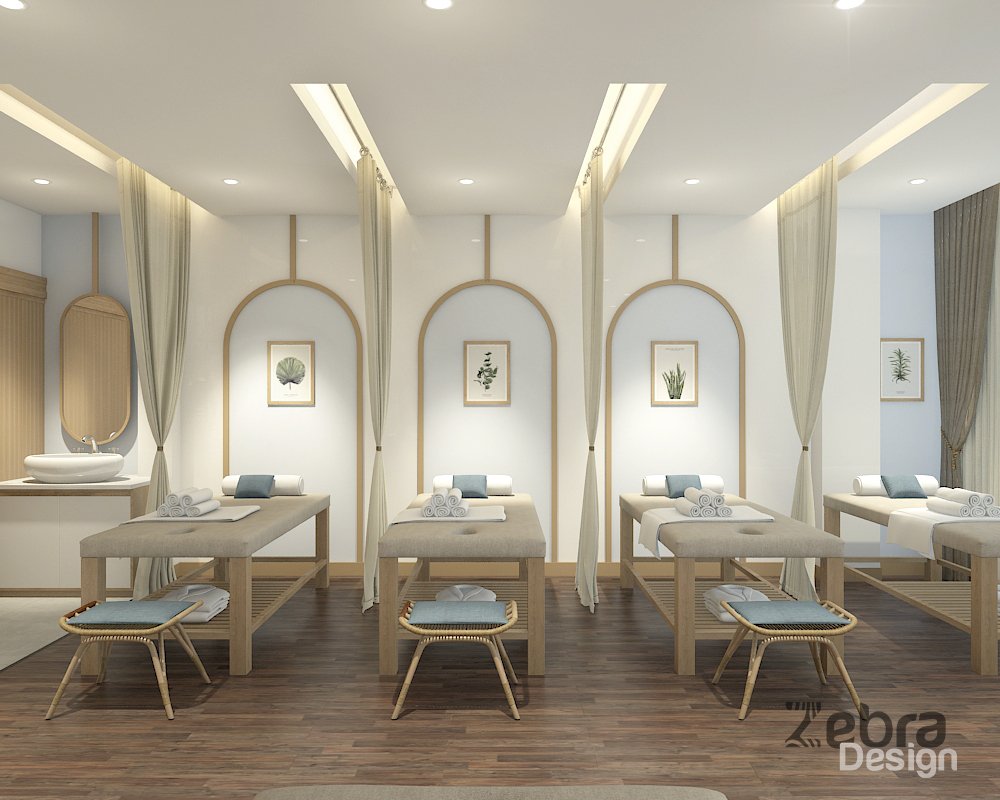 Không gian spa do Zebra Design thiết kế với tông màu gỗ tự nhiên ấm áp và ánh sáng dịu nhẹ