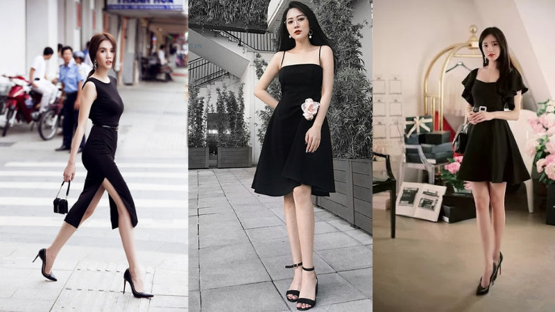 Váy đen trở nên quyến rũ hơn với giày cao gót đỏ và clutch ánh kim