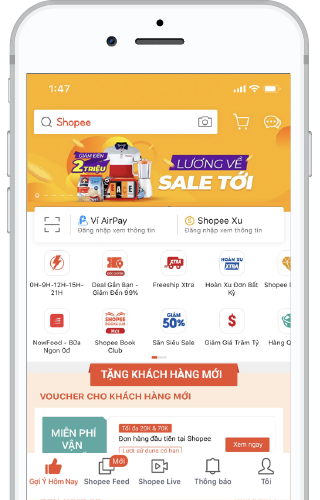 Giao diện trang chủ của ứng dụng Shopee nơi bạn có thể tìm thấy vô vàn lựa chọn giày cao gót với nhiều mức giá khác nhau