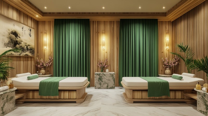 Spa sử dụng ánh sáng vàng dịu nhẹ và màu xanh lá cây để tạo không gian thư giãn